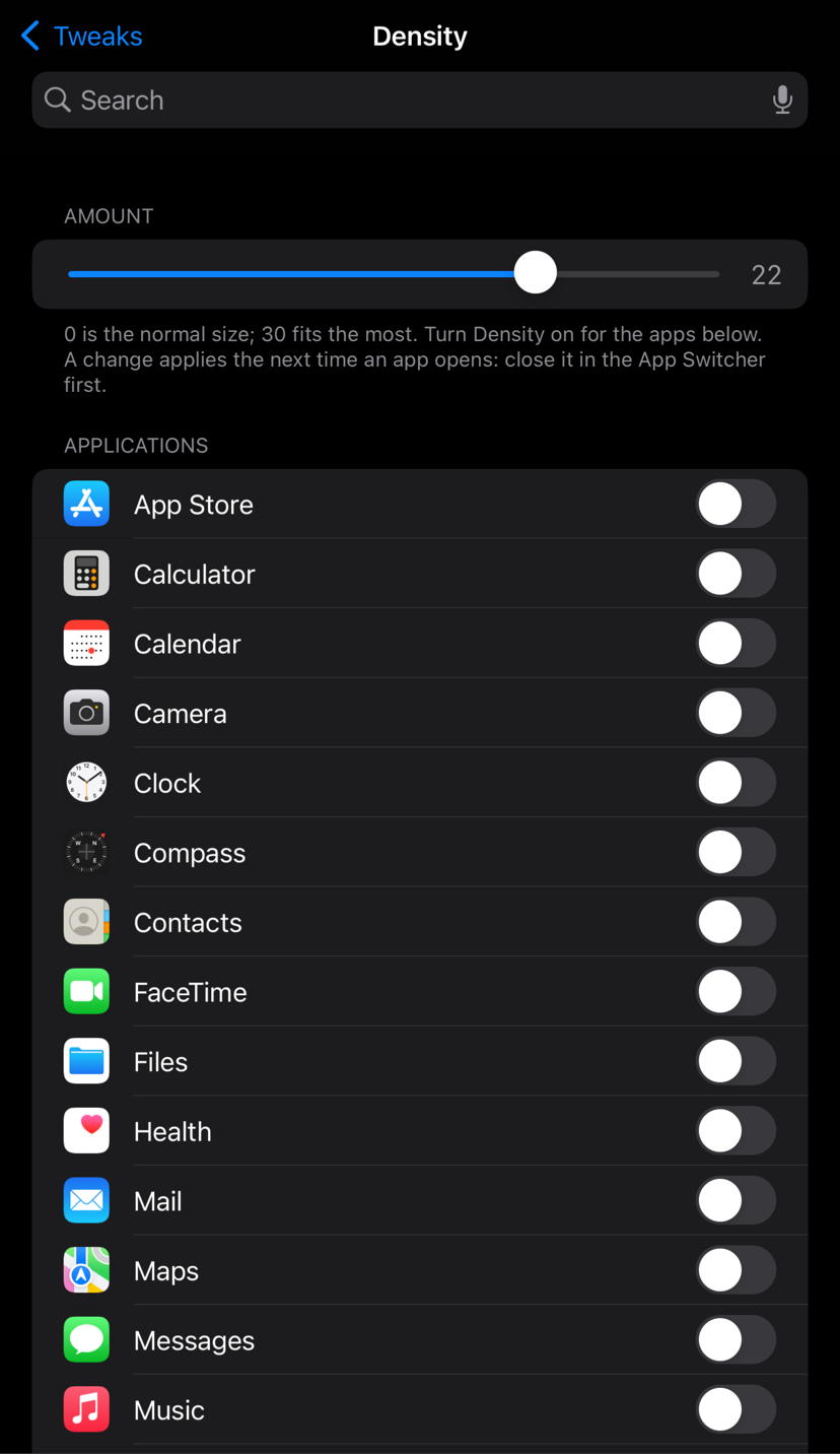 Settings: the Amount slider and the app switches